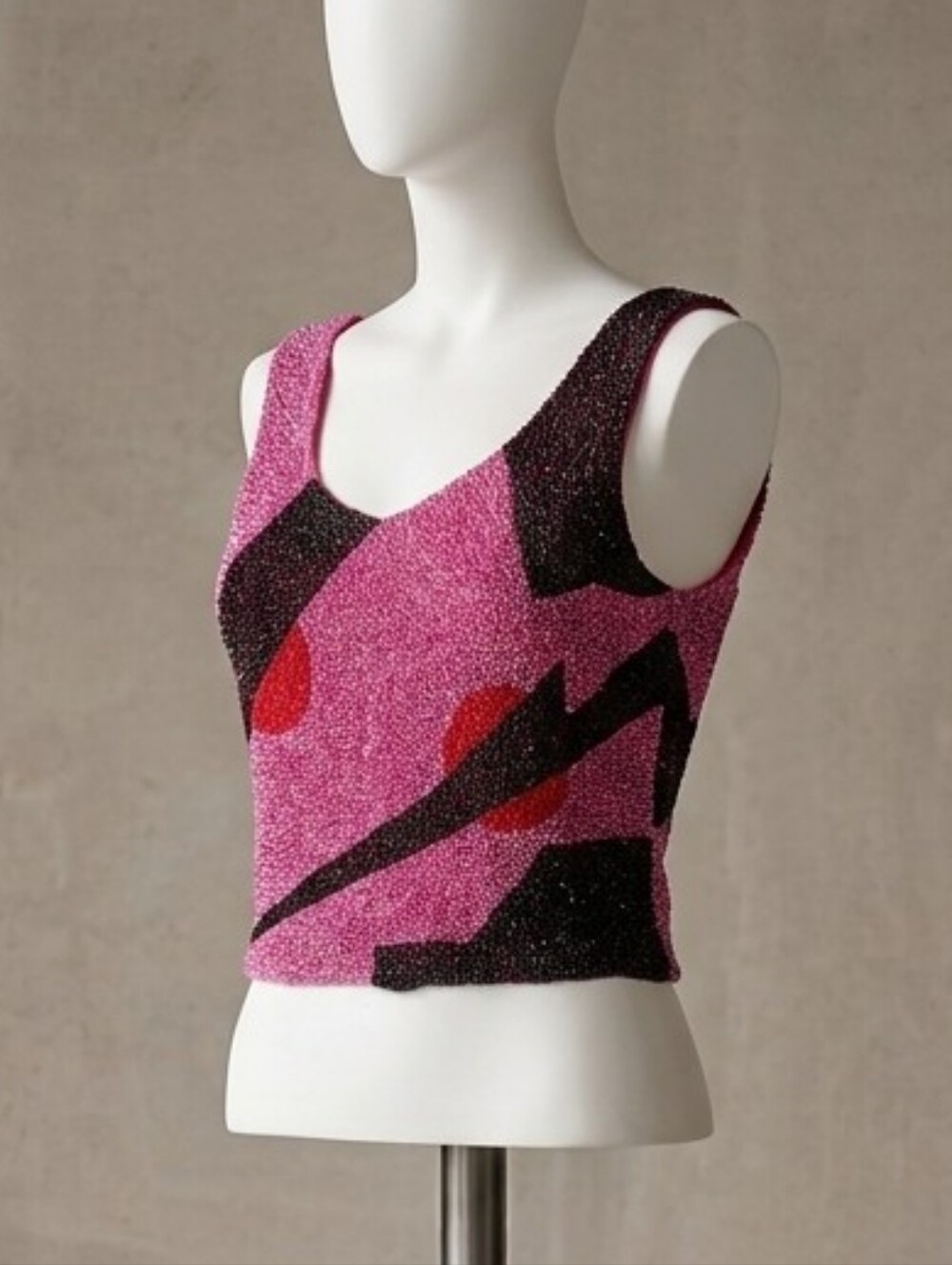 Frank Usher Vintage Pink Beaded Tank Top with Abstract Pattern